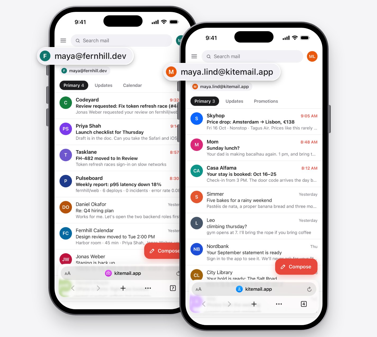 The same mail site open in two Spaces, signed in to a different account in each.