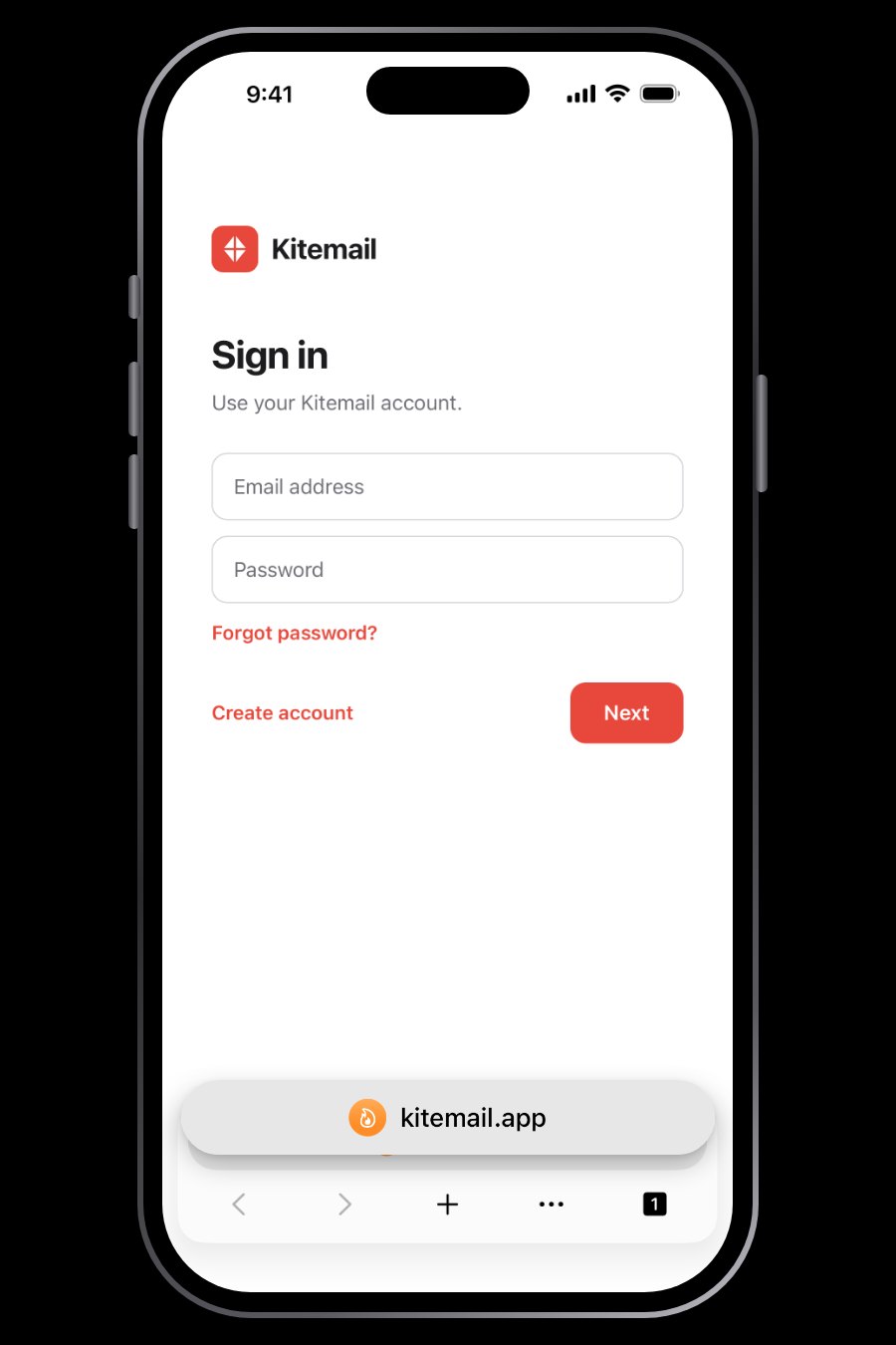 A burner tab, signed out of a mail site, with the flame in the address bar.