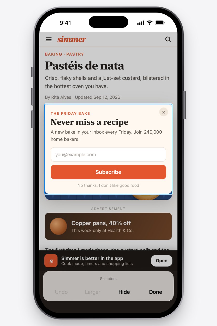 Hide Elements picking a pop-up on a page, with the rest of the page dimmed.