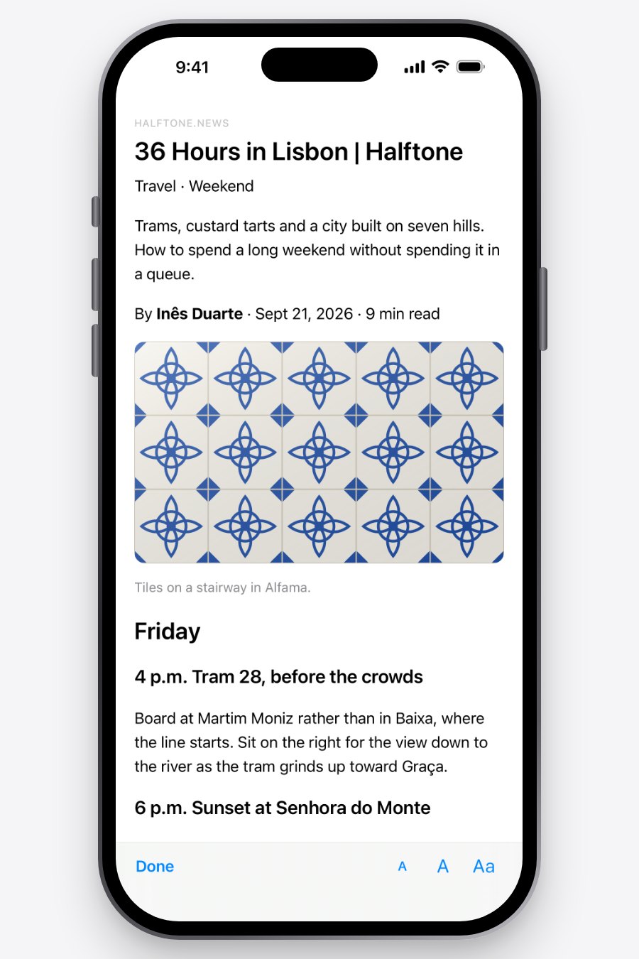 An article in Reader: the text alone, in the system’s colors.
