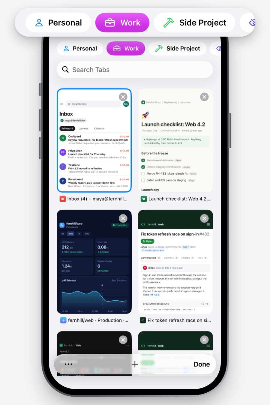 The tab switcher, with each Space along the top: Personal, Work and Side Project.